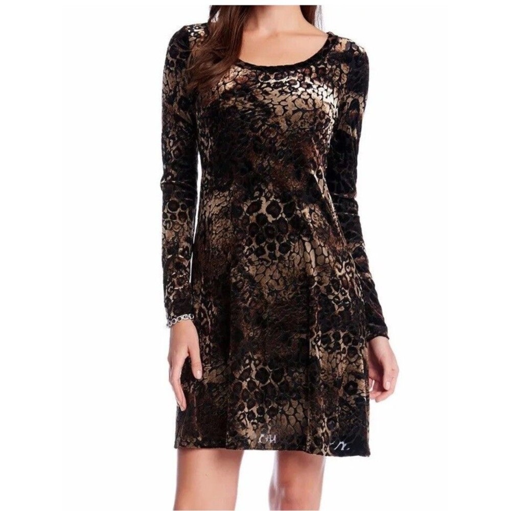 Karen Kane Mini Dress A Line Size S Brown Black Snake Print Velvet Long Sleeves